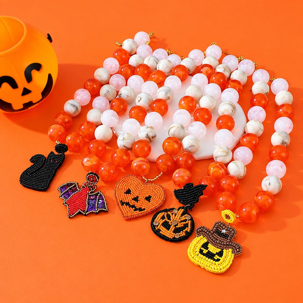 Boho Beaded Pumpkin Bat Heart Necklace
