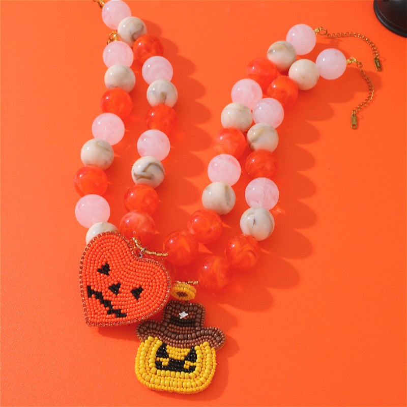 Boho Beaded Pumpkin Bat Heart Necklace