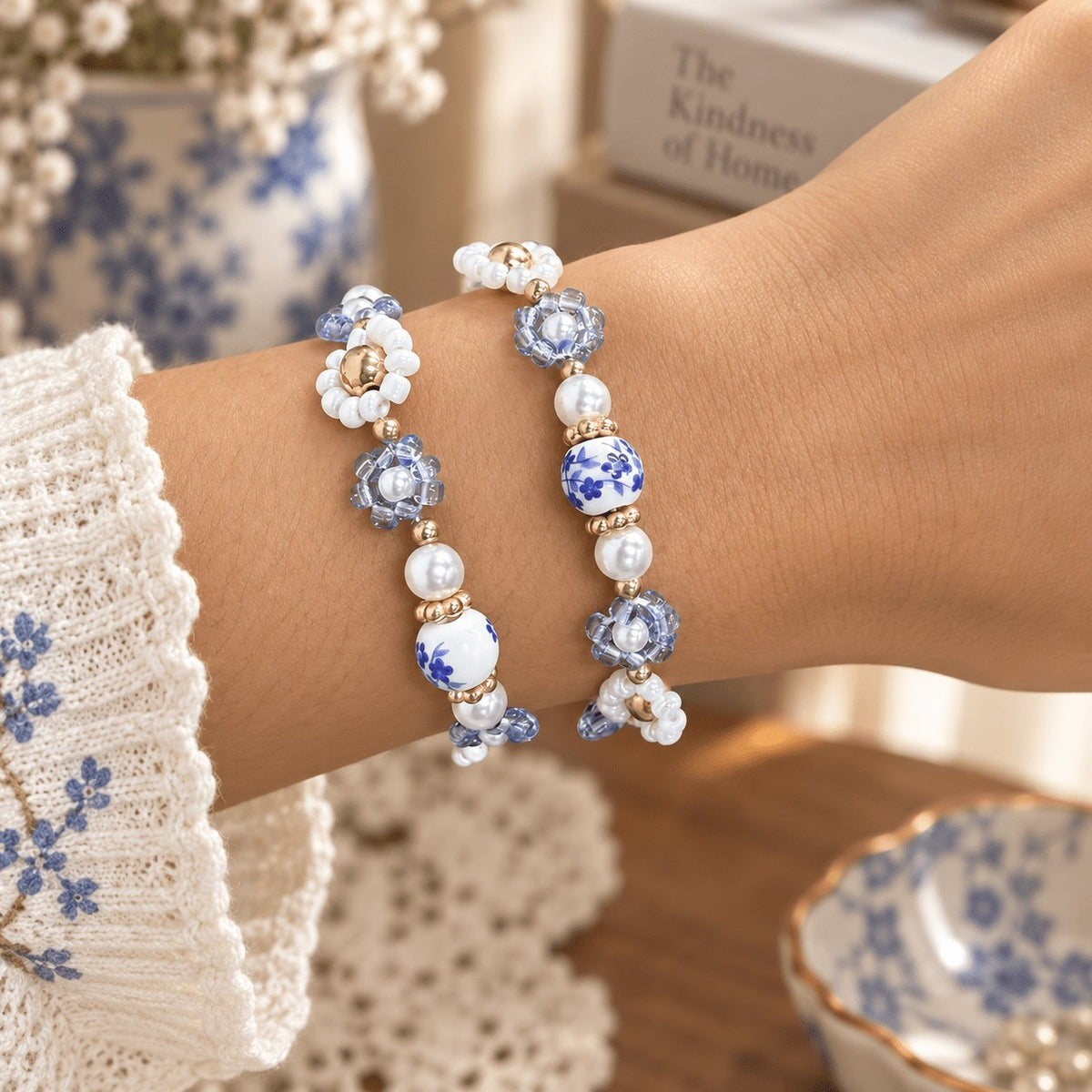 2pc Boho Blue Porcelain Flower Bracelet Set