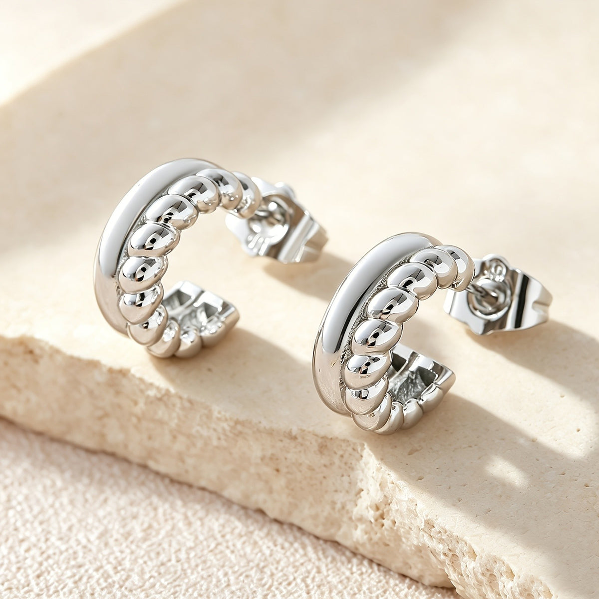 18k Classy Double Row Bead C-Hoop Earrings
