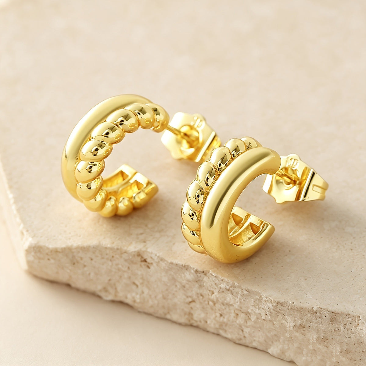18k Classy Double Row Bead C-Hoop Earrings