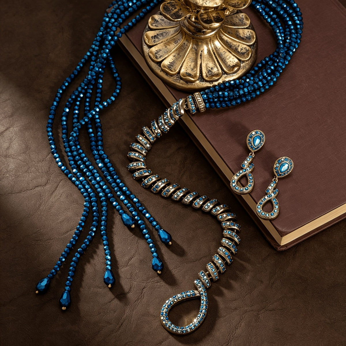 Vintage Blue Bead Tassel Necklace & Earring Set