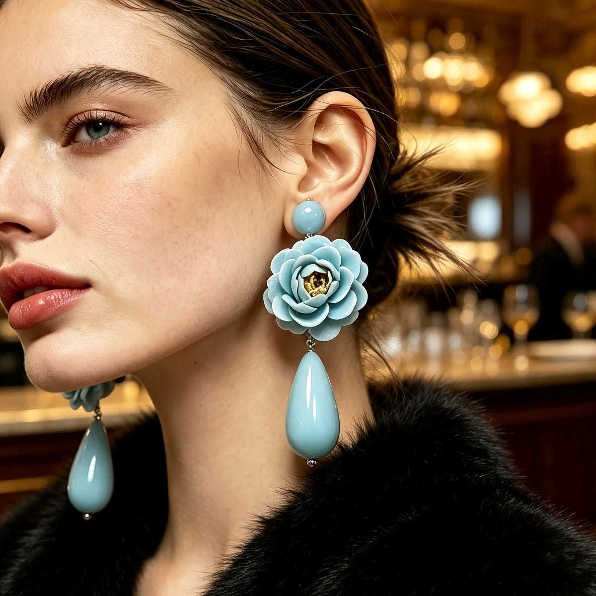 18k Boho Blue Floral Teardrop Earrings