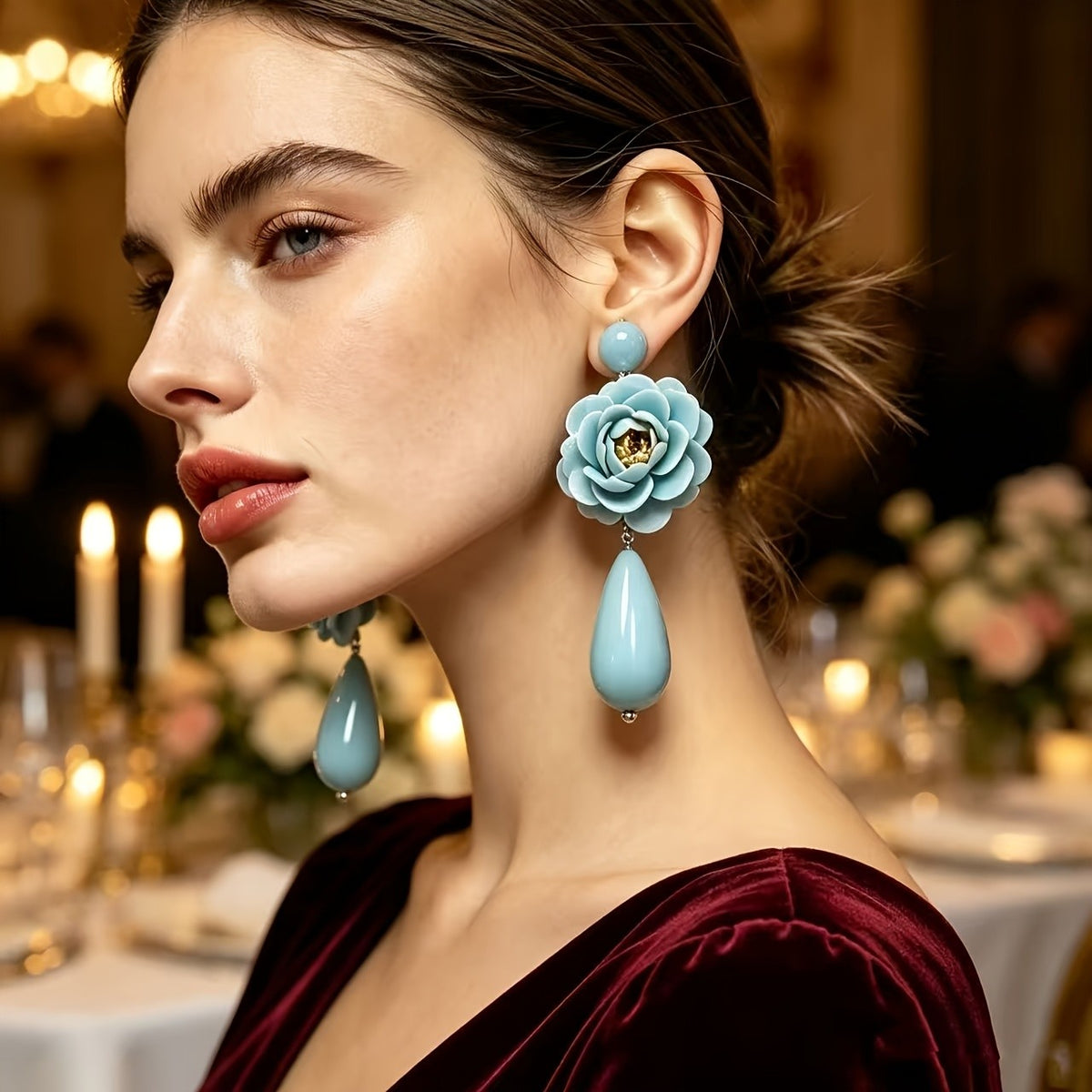 18k Boho Blue Floral Teardrop Earrings