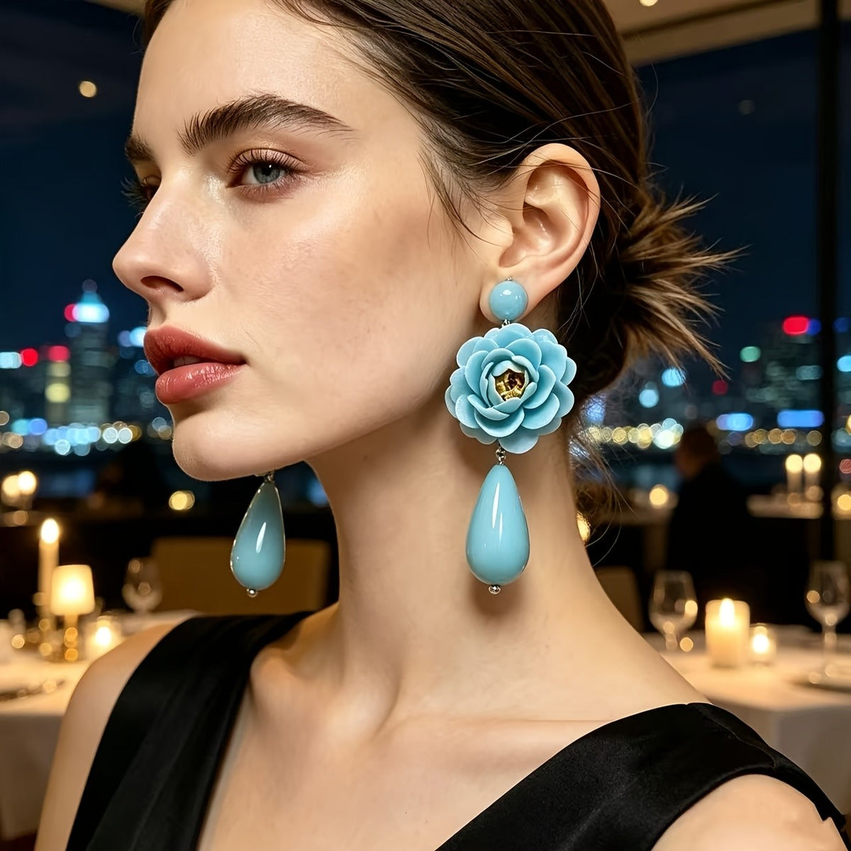 18k Boho Blue Floral Teardrop Earrings