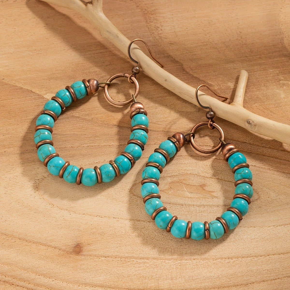 Boho Synthetic Turquoise Beaded Hoop Earrings