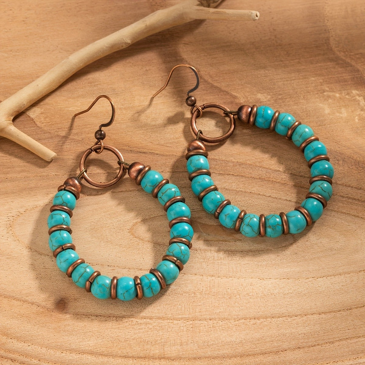 Boho Synthetic Turquoise Beaded Hoop Earrings