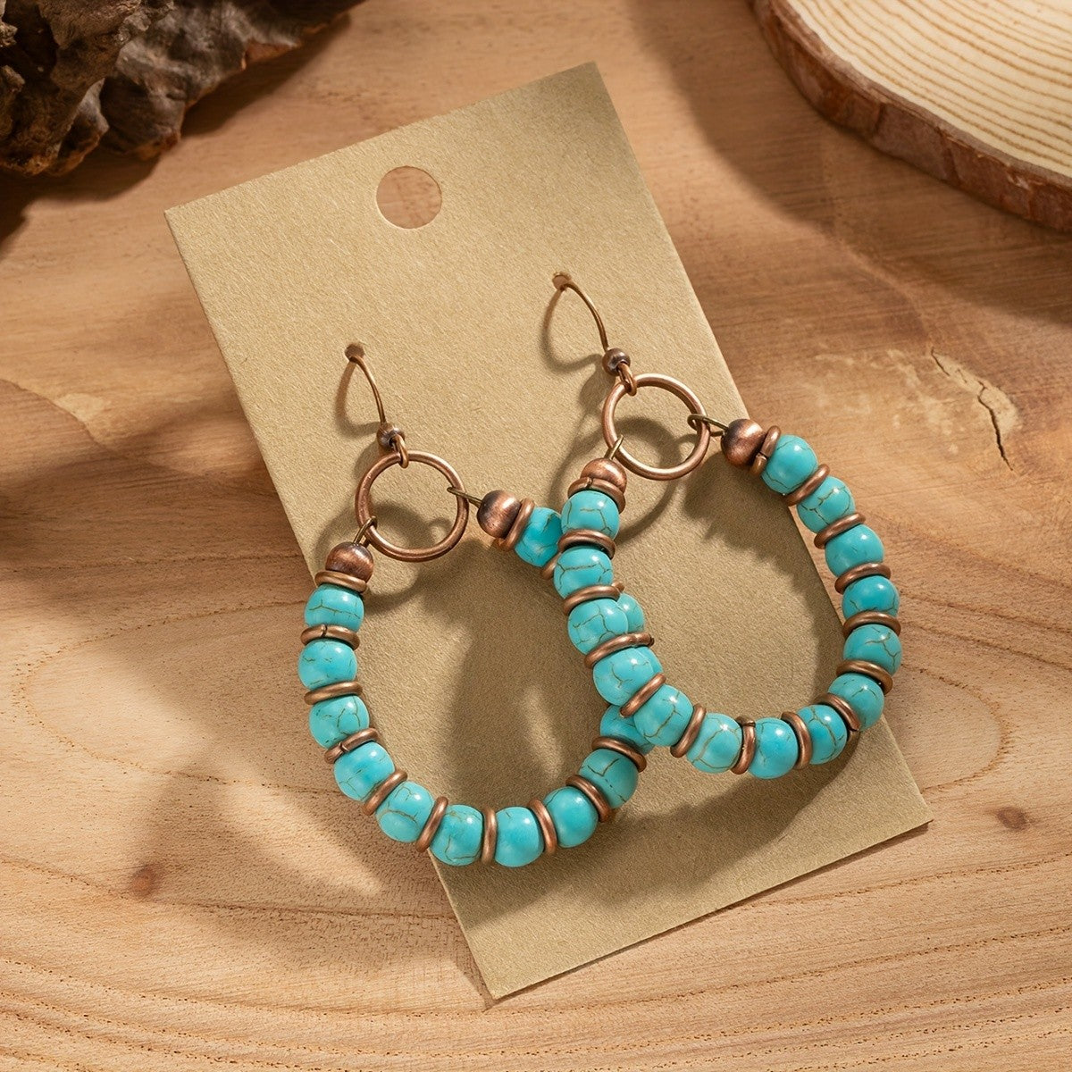 Boho Synthetic Turquoise Beaded Hoop Earrings