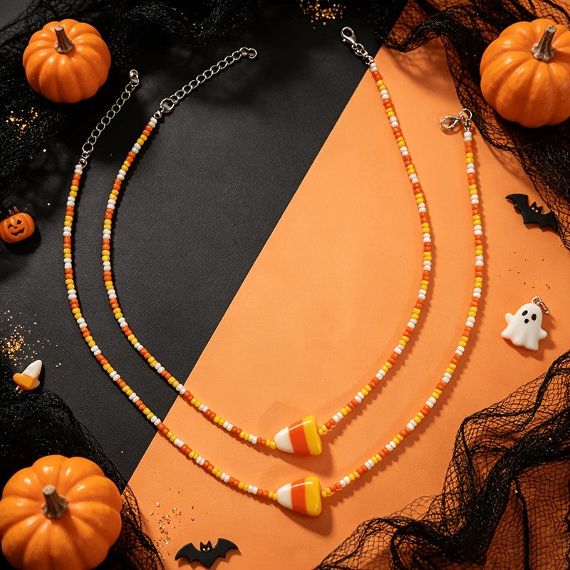 2pc Boho Candy Corn Beaded Necklace Set