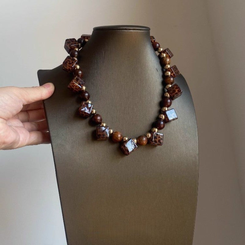 Vintage Leopard Print Square Bead Necklace