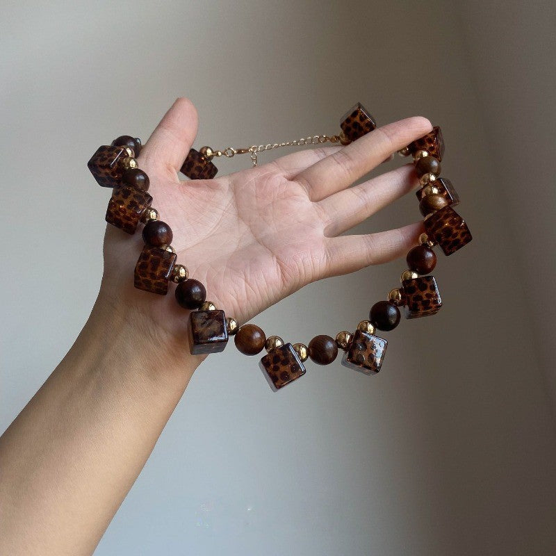 Vintage Leopard Print Square Bead Necklace