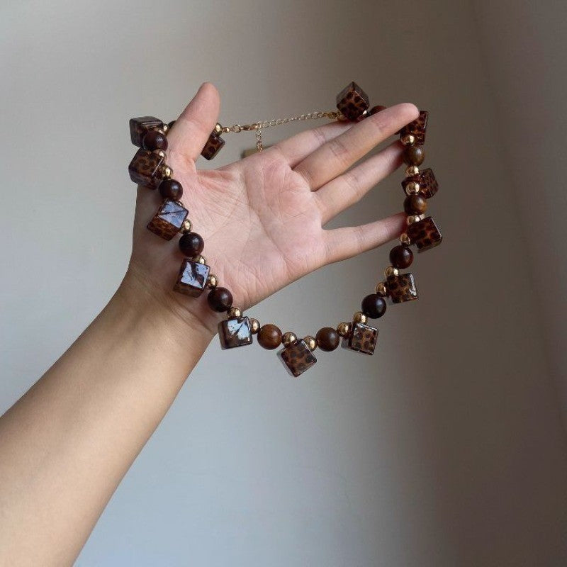 Vintage Leopard Print Square Bead Necklace