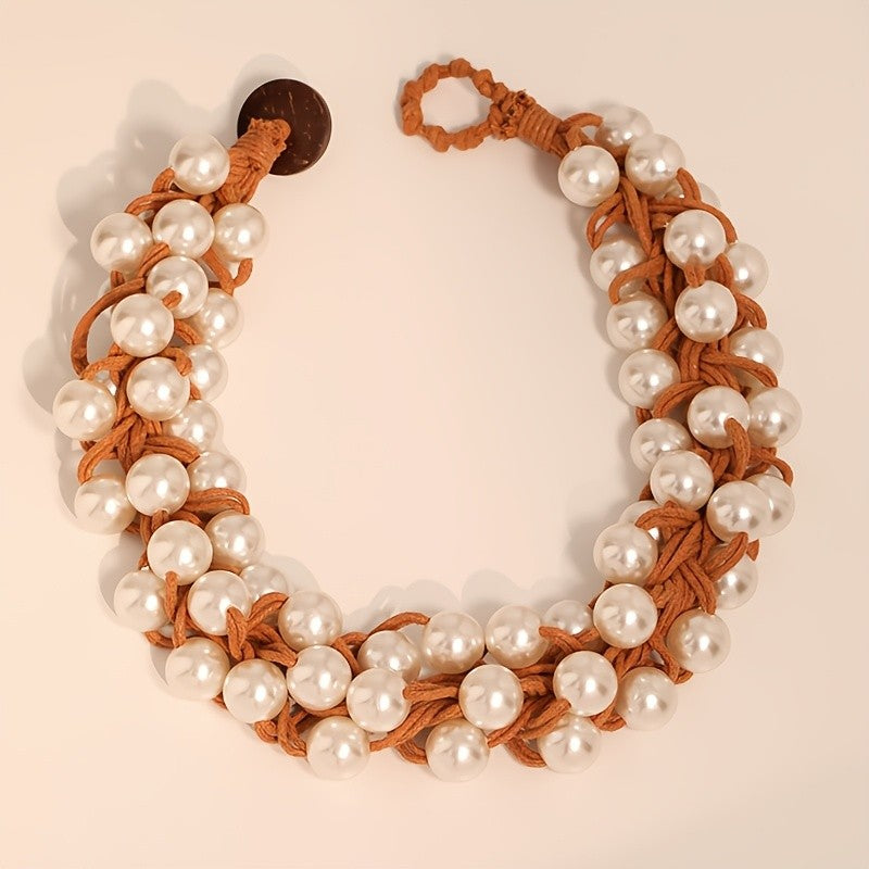 Boho Woven Faux Pearl Choker Necklace