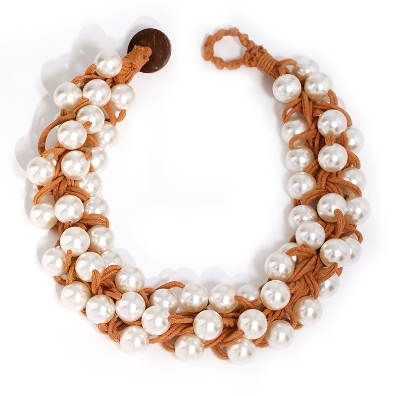 Boho Woven Faux Pearl Choker Necklace