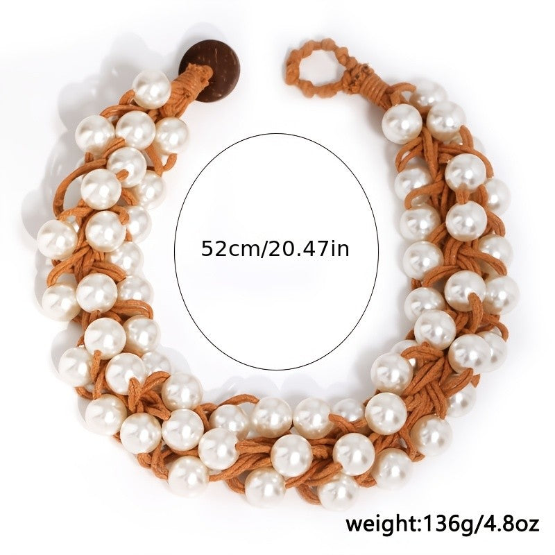 Boho Woven Faux Pearl Choker Necklace