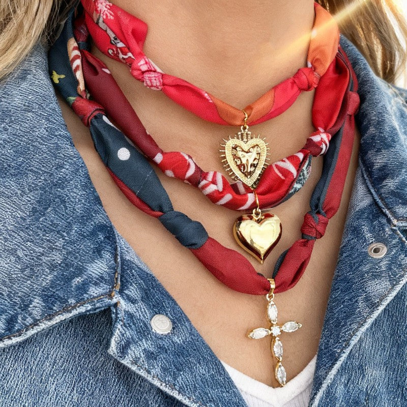 18k Boho Printed Scarf Heart Cross Necklace