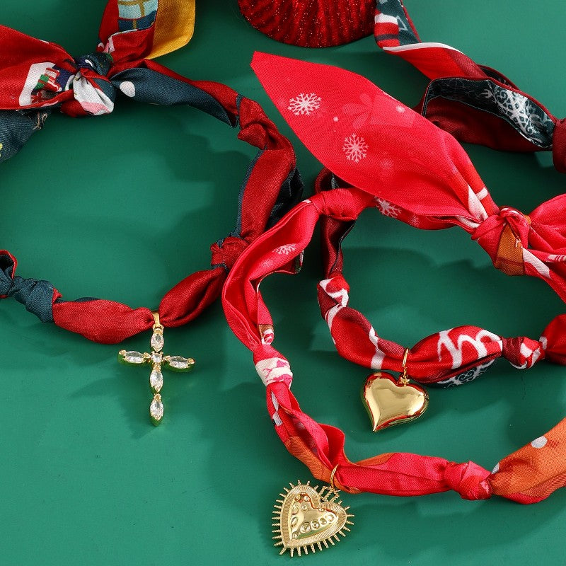 18k Boho Printed Scarf Heart Cross Necklace
