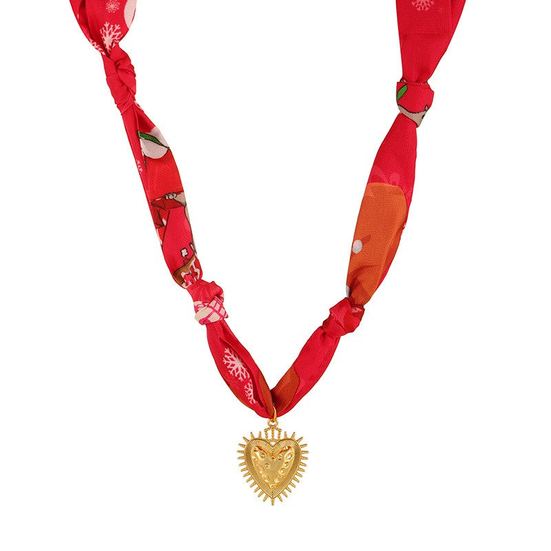 18k Boho Printed Scarf Heart Cross Necklace