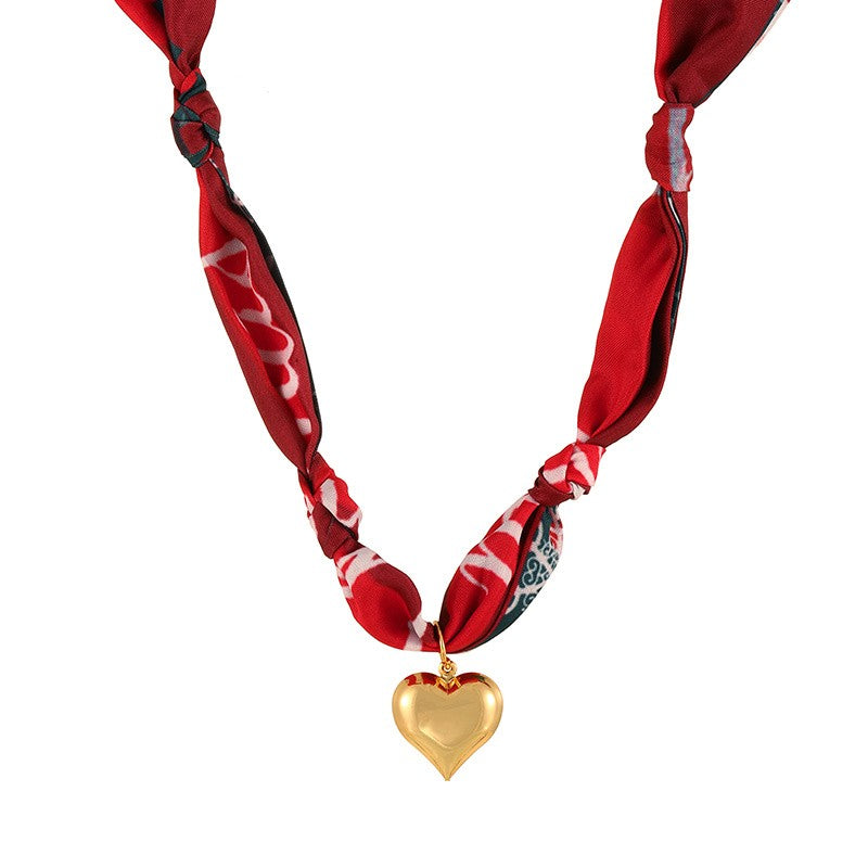 18k Boho Printed Scarf Heart Cross Necklace