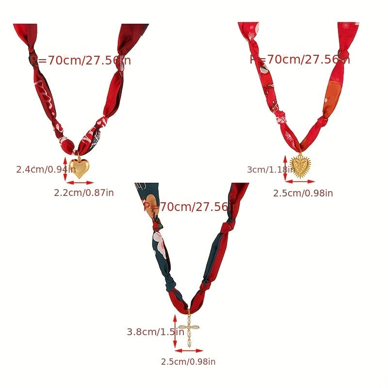 18k Boho Printed Scarf Heart Cross Necklace