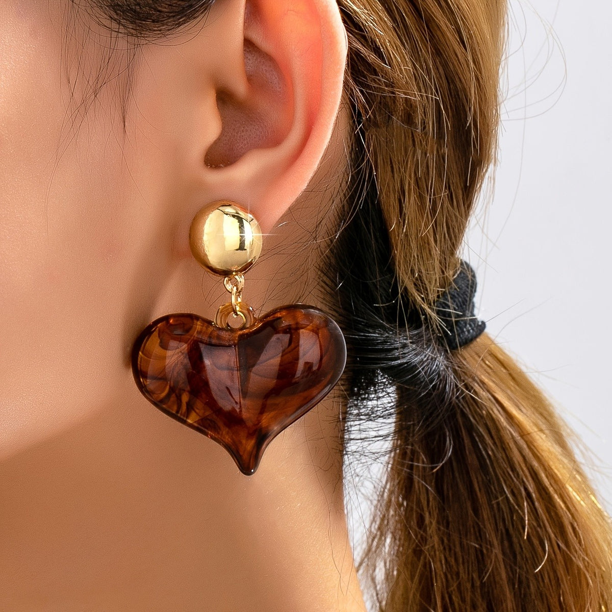Elegant Tortoiseshell Acrylic Heart Drop Earrings