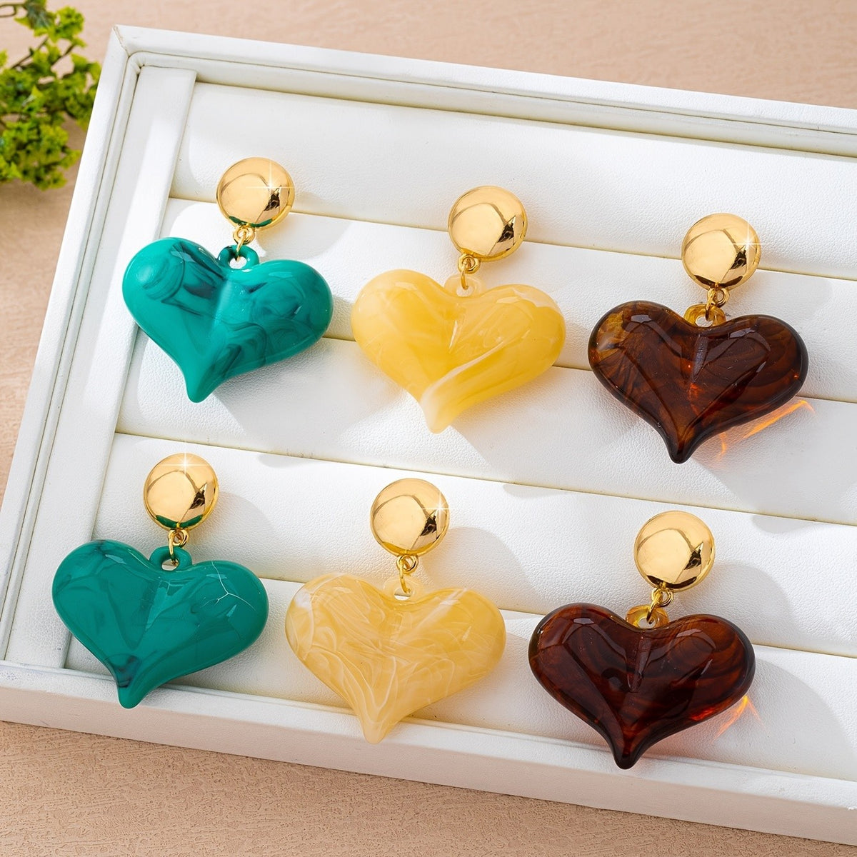 Elegant Tortoiseshell Acrylic Heart Drop Earrings