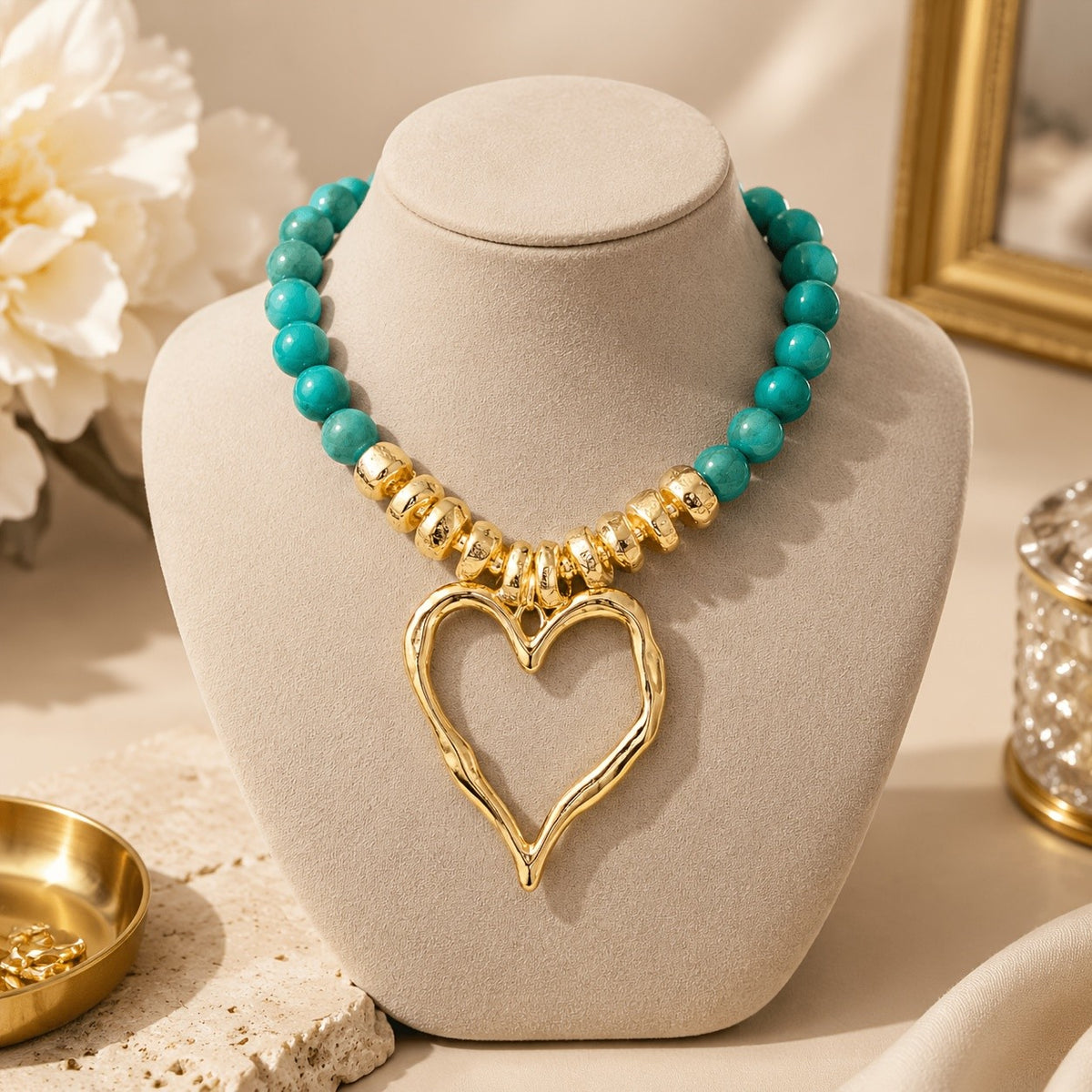 Boho Emerald Bead Open Heart Necklace