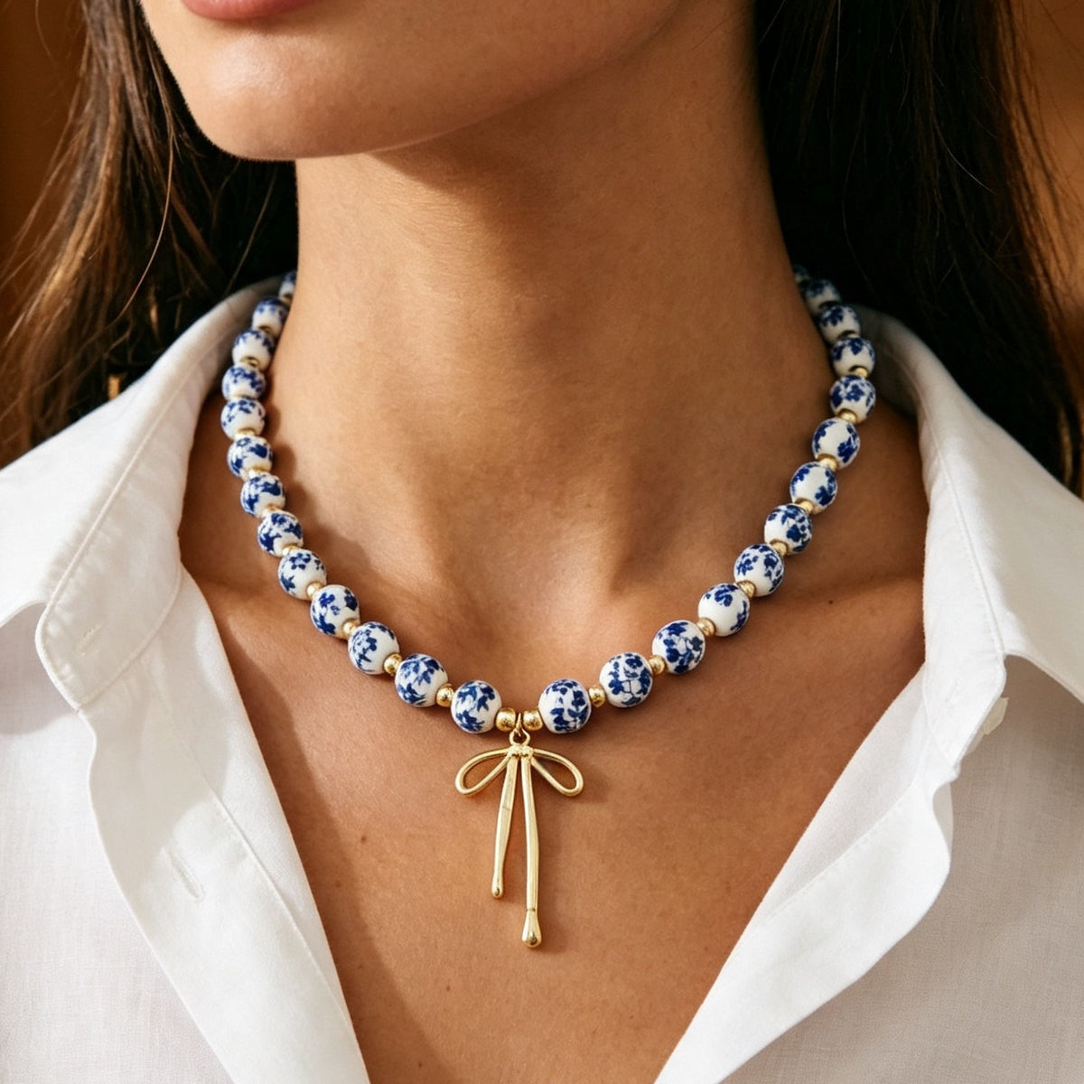 Elegant Blue Floral Bead Bow Necklace