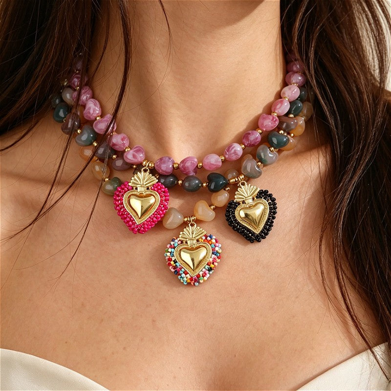 18k Boho Beaded Heart Charm Necklace