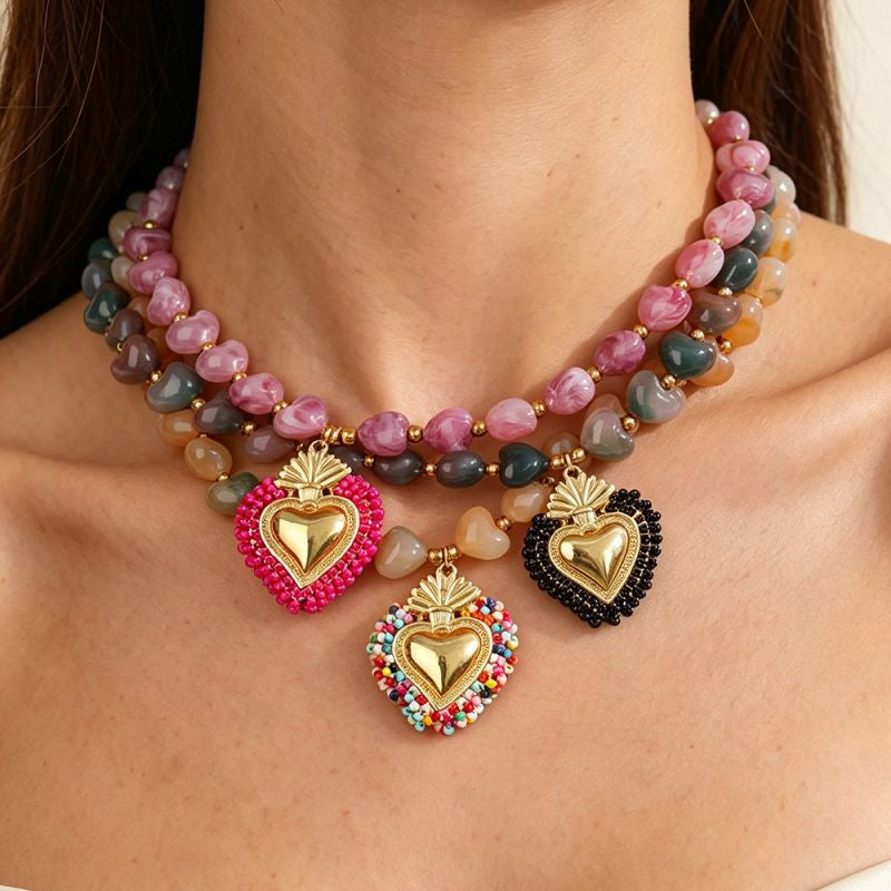 18k Boho Beaded Heart Charm Necklace