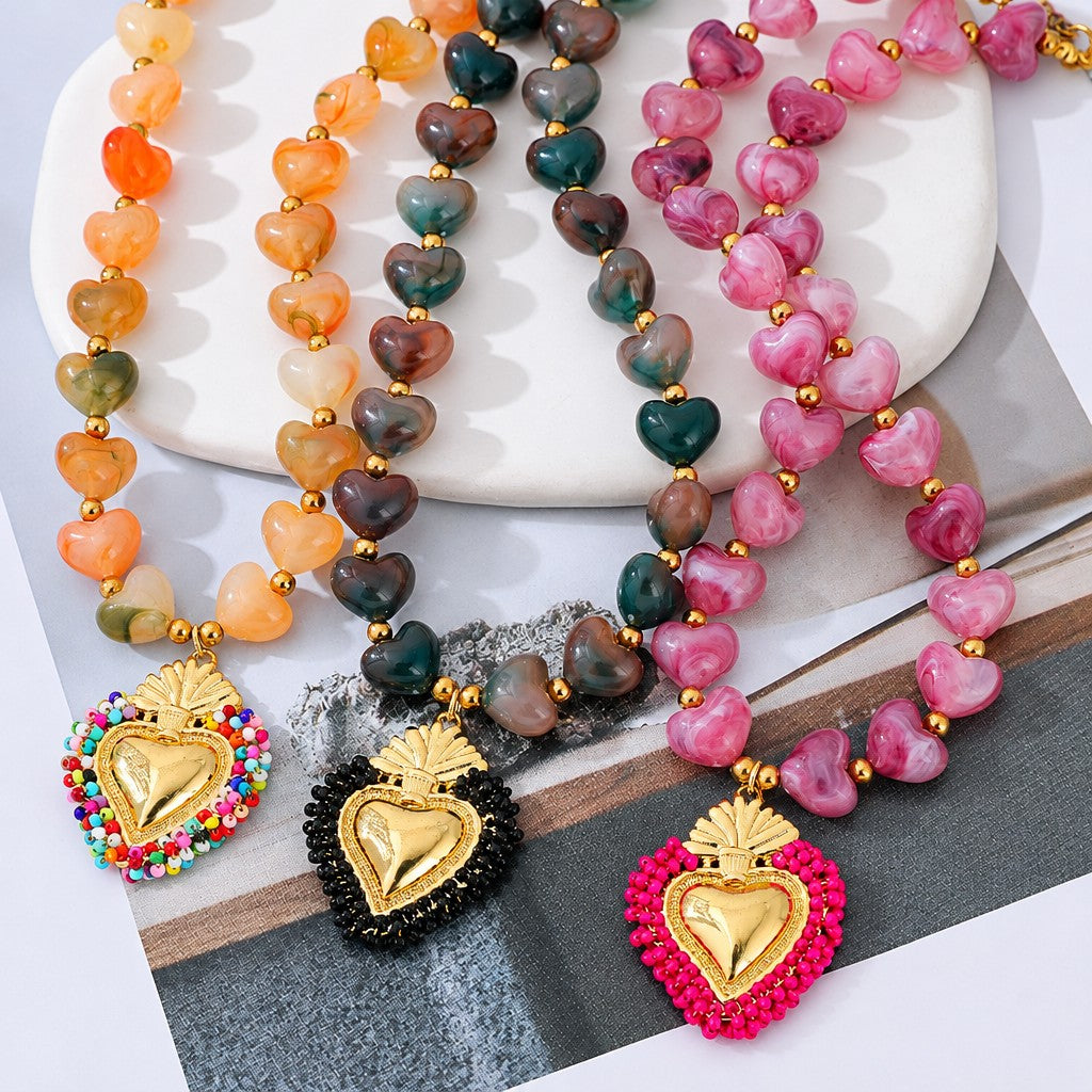 18k Boho Beaded Heart Charm Necklace