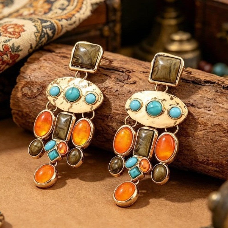 Boho Vintage Multi-Stone Drop Earrings