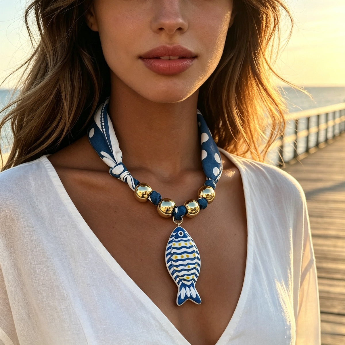 Boho Polka Dot Scarf Fish Necklace