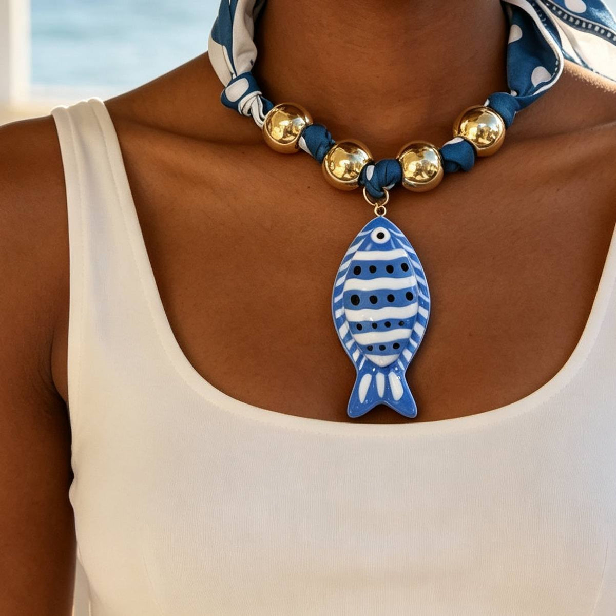 Boho Polka Dot Scarf Fish Necklace