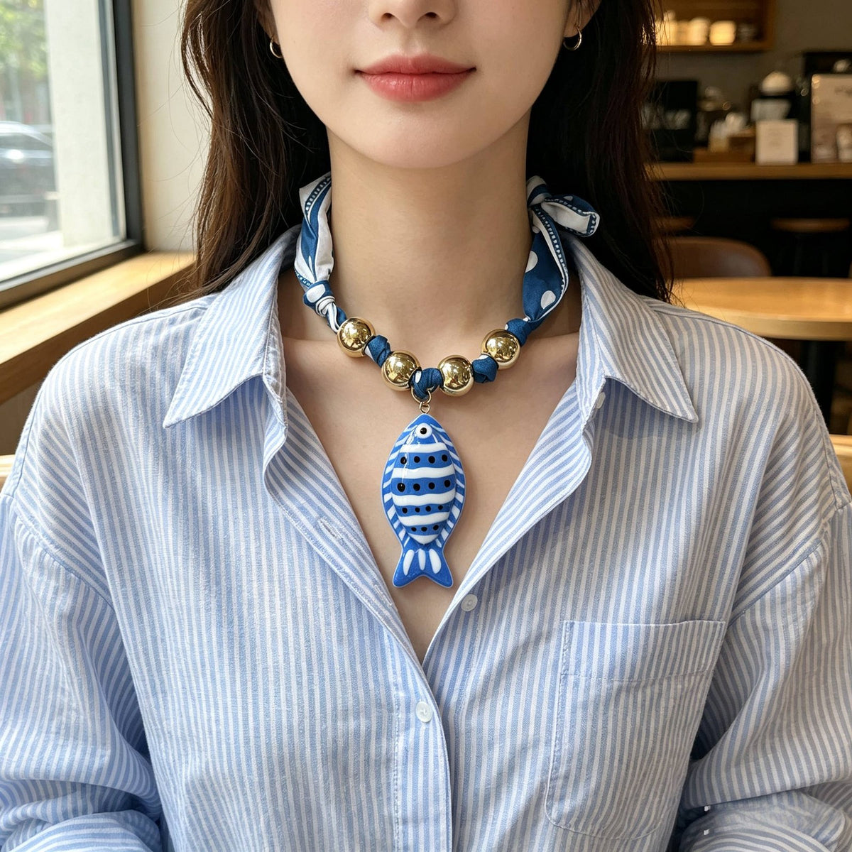 Boho Polka Dot Scarf Fish Necklace