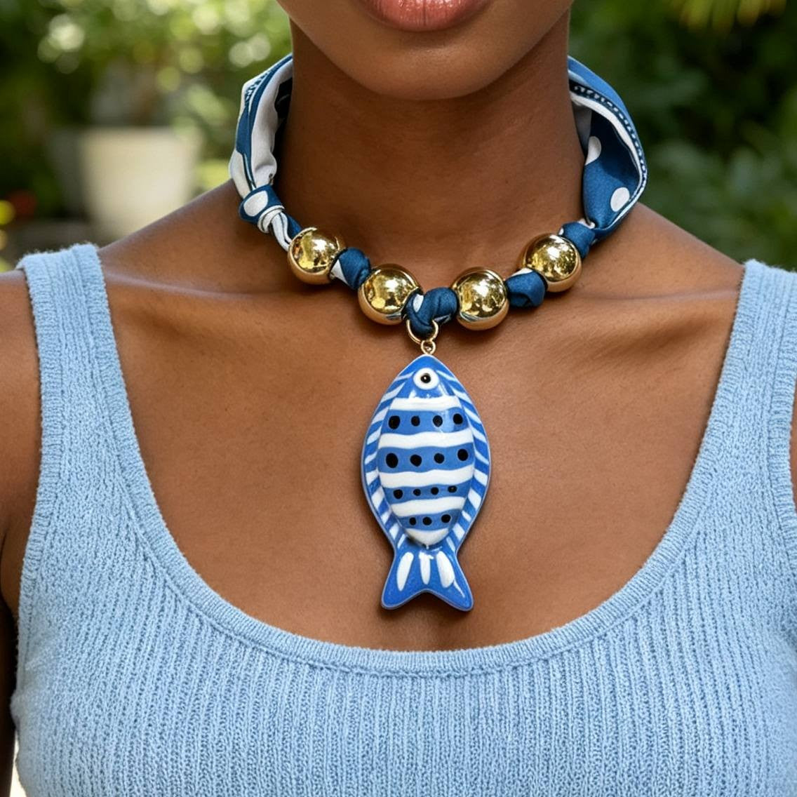 Boho Polka Dot Scarf Fish Necklace