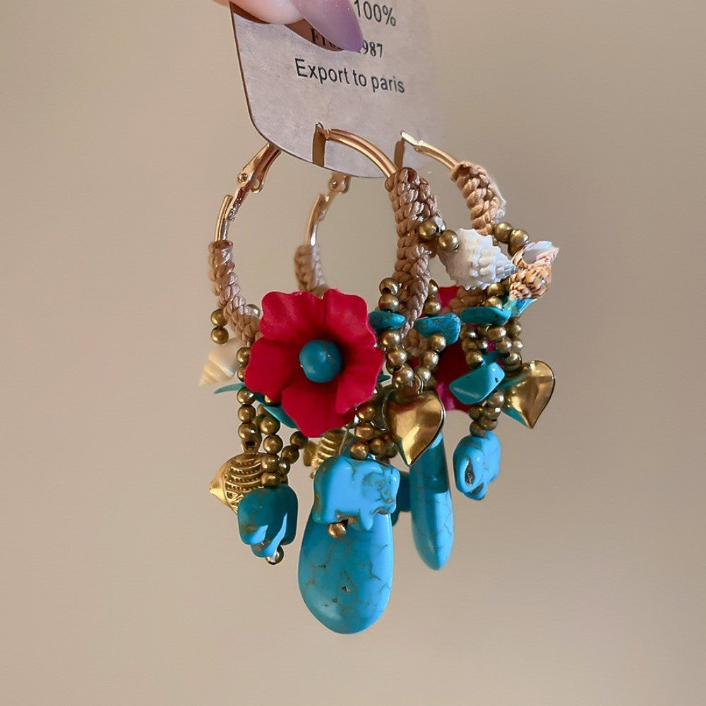 Boho Woven Floral Elephant Hoop Earrings