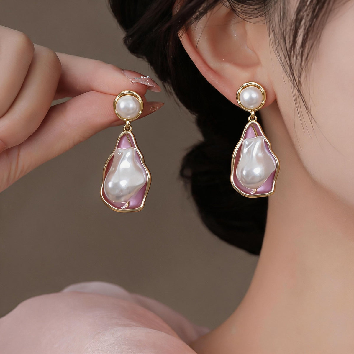 Classy Pink Baroque Pearl Drop Earrings