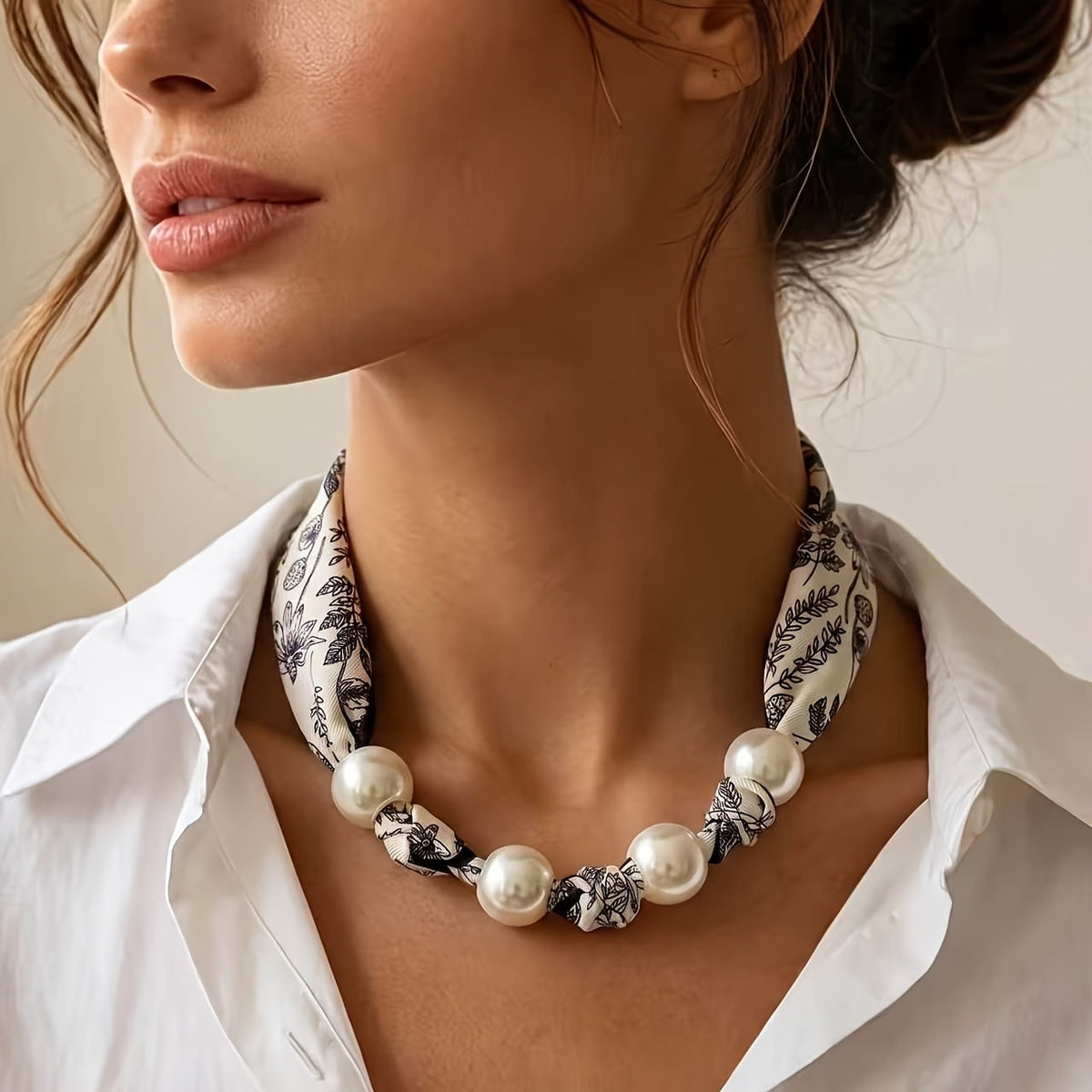 Elegant Floral Scarf Pearl Necklace