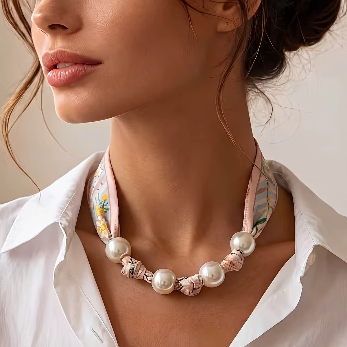 Elegant Floral Scarf Pearl Necklace