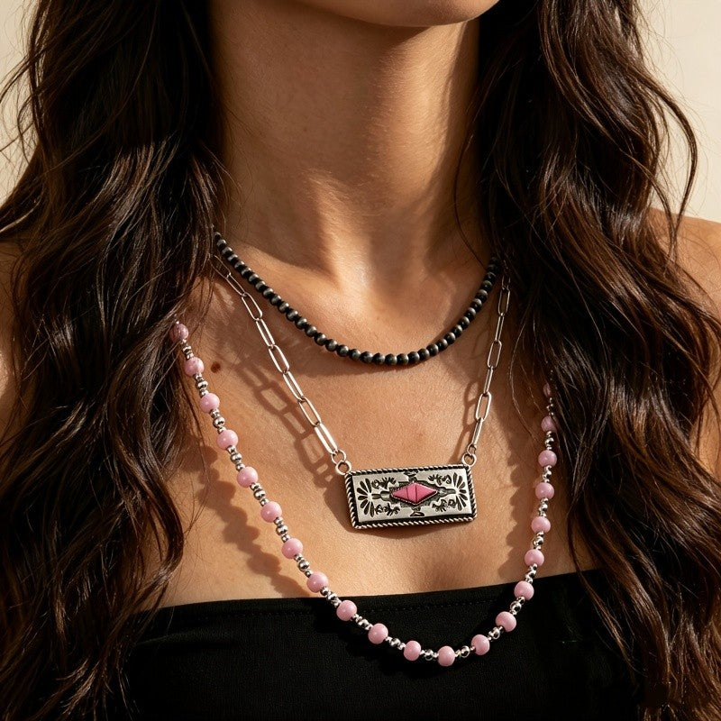 Boho Pink Beaded Layered Necklace Set