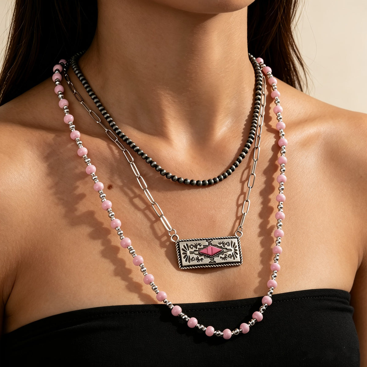 Boho Pink Beaded Layered Necklace Set
