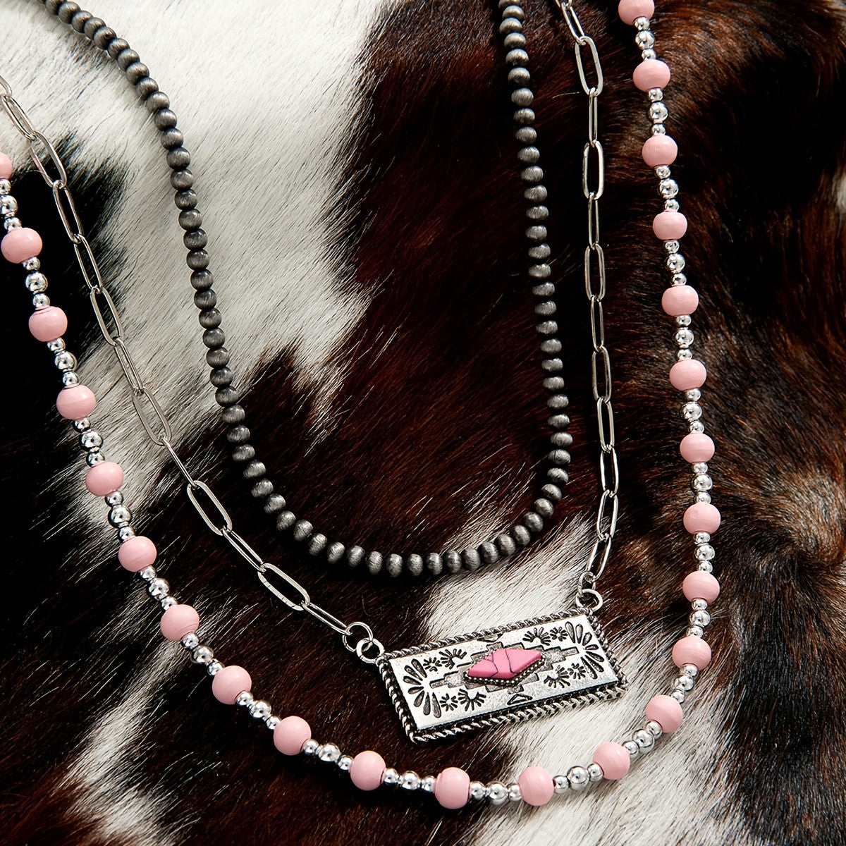 Boho Pink Beaded Layered Necklace Set