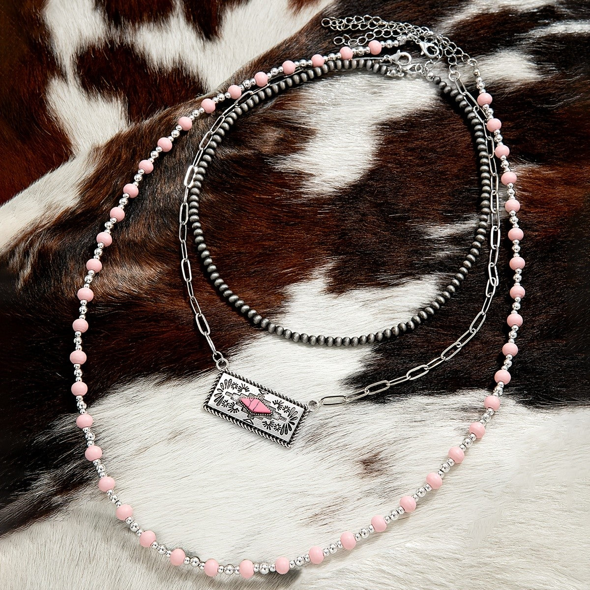 Boho Pink Beaded Layered Necklace Set
