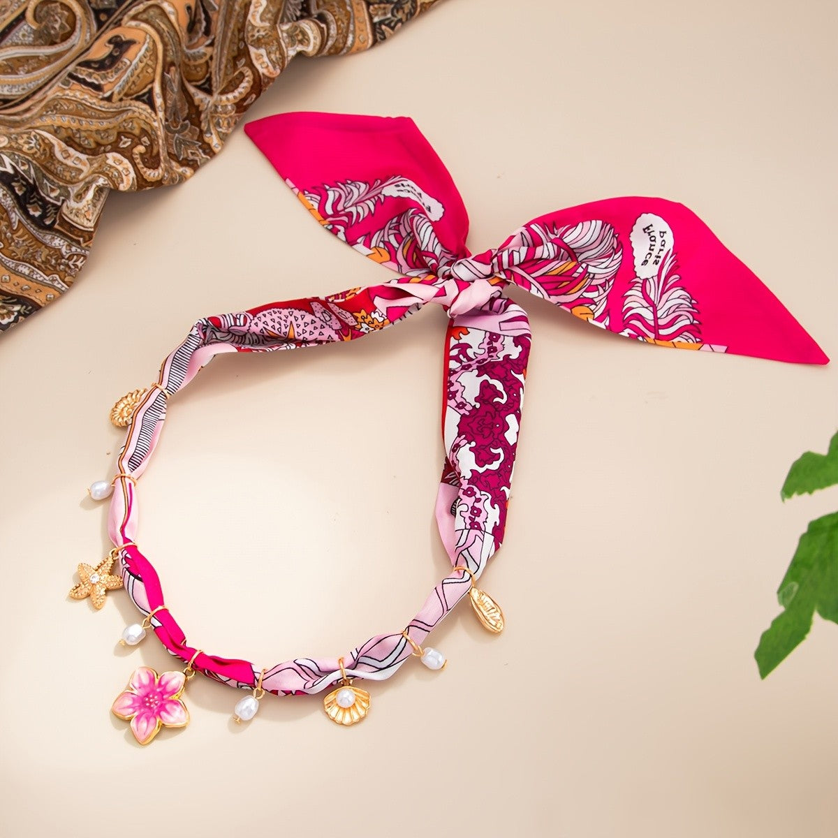 Boho Pink Floral Scarf Choker Necklace