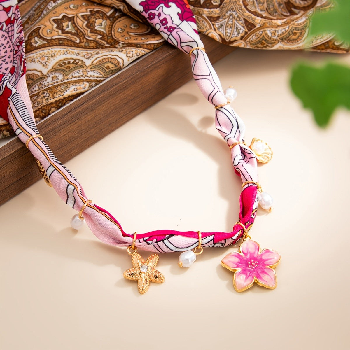 Boho Pink Floral Scarf Choker Necklace