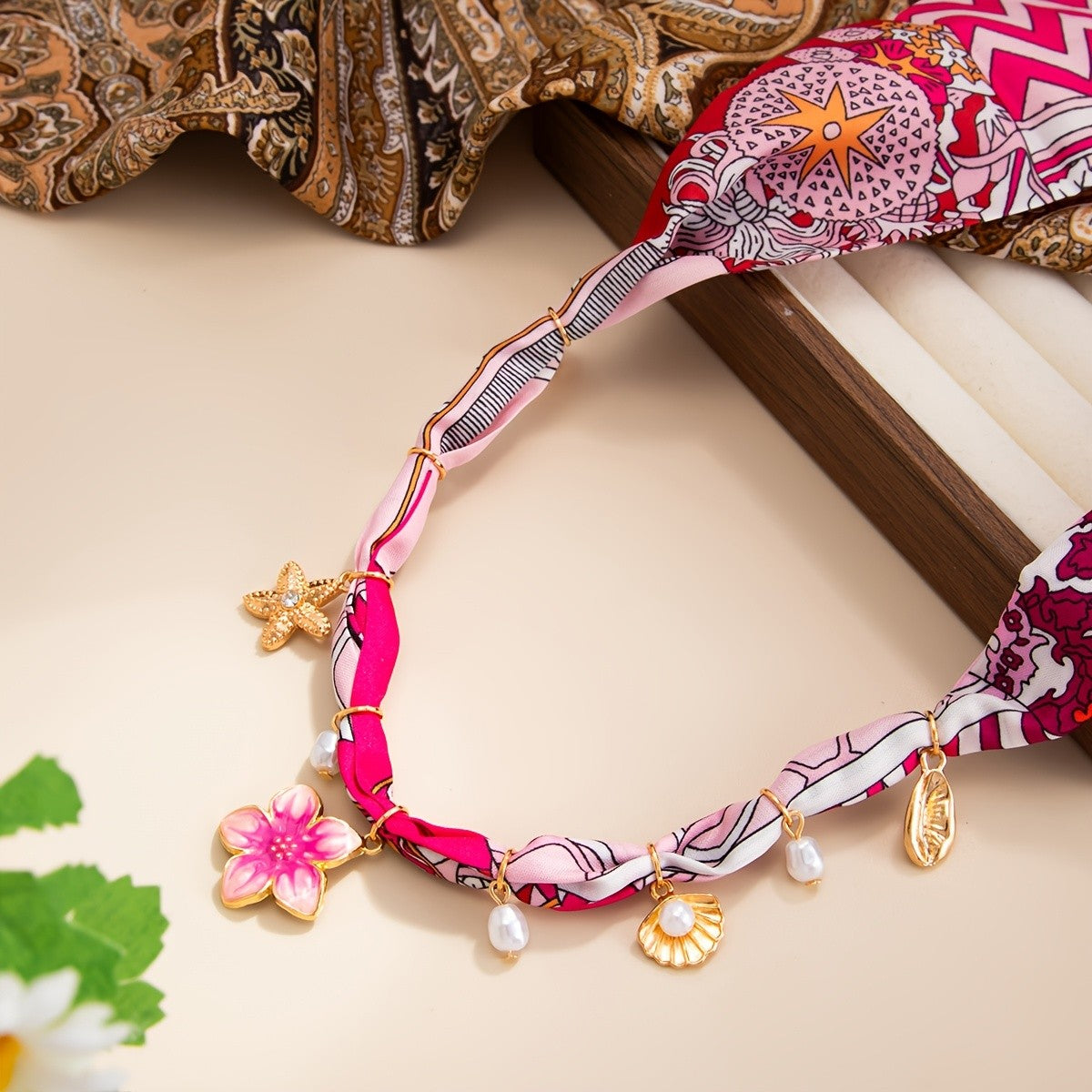 Boho Pink Floral Scarf Choker Necklace
