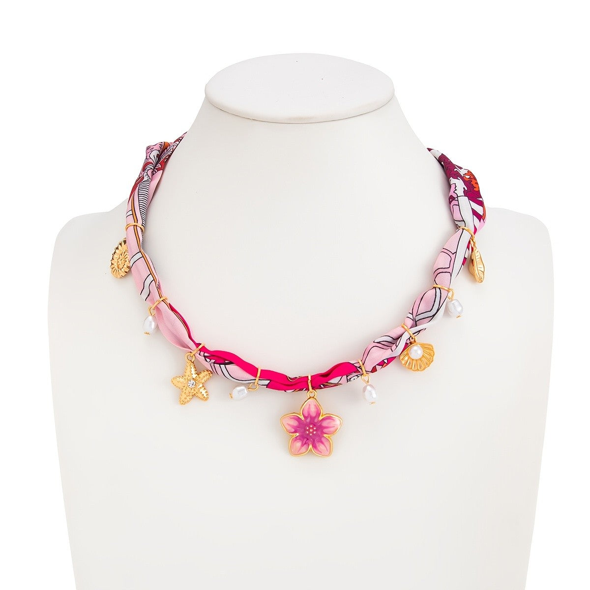 Boho Pink Floral Scarf Choker Necklace