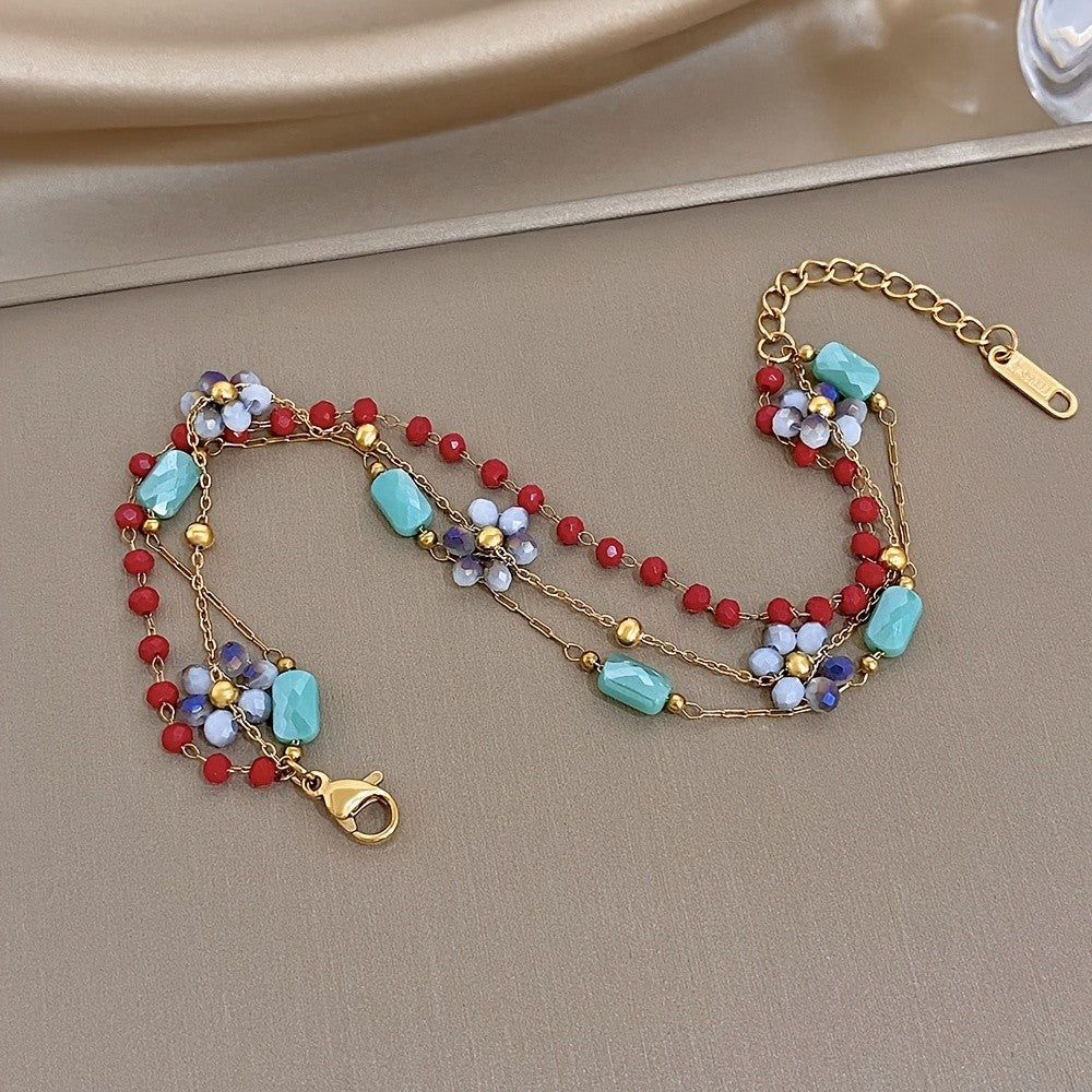 18k Boho Turquoise Floral Beaded Bracelet
