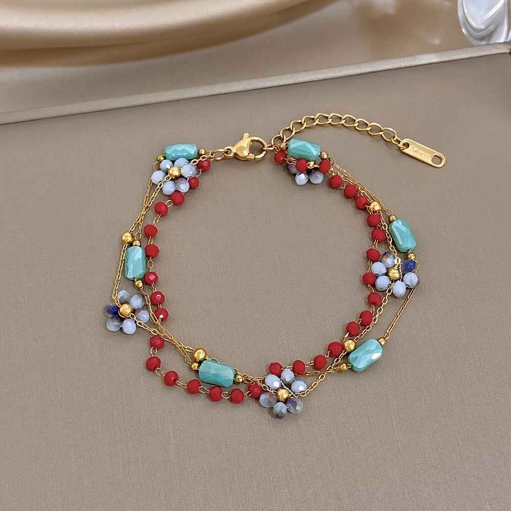 18k Boho Turquoise Floral Beaded Bracelet